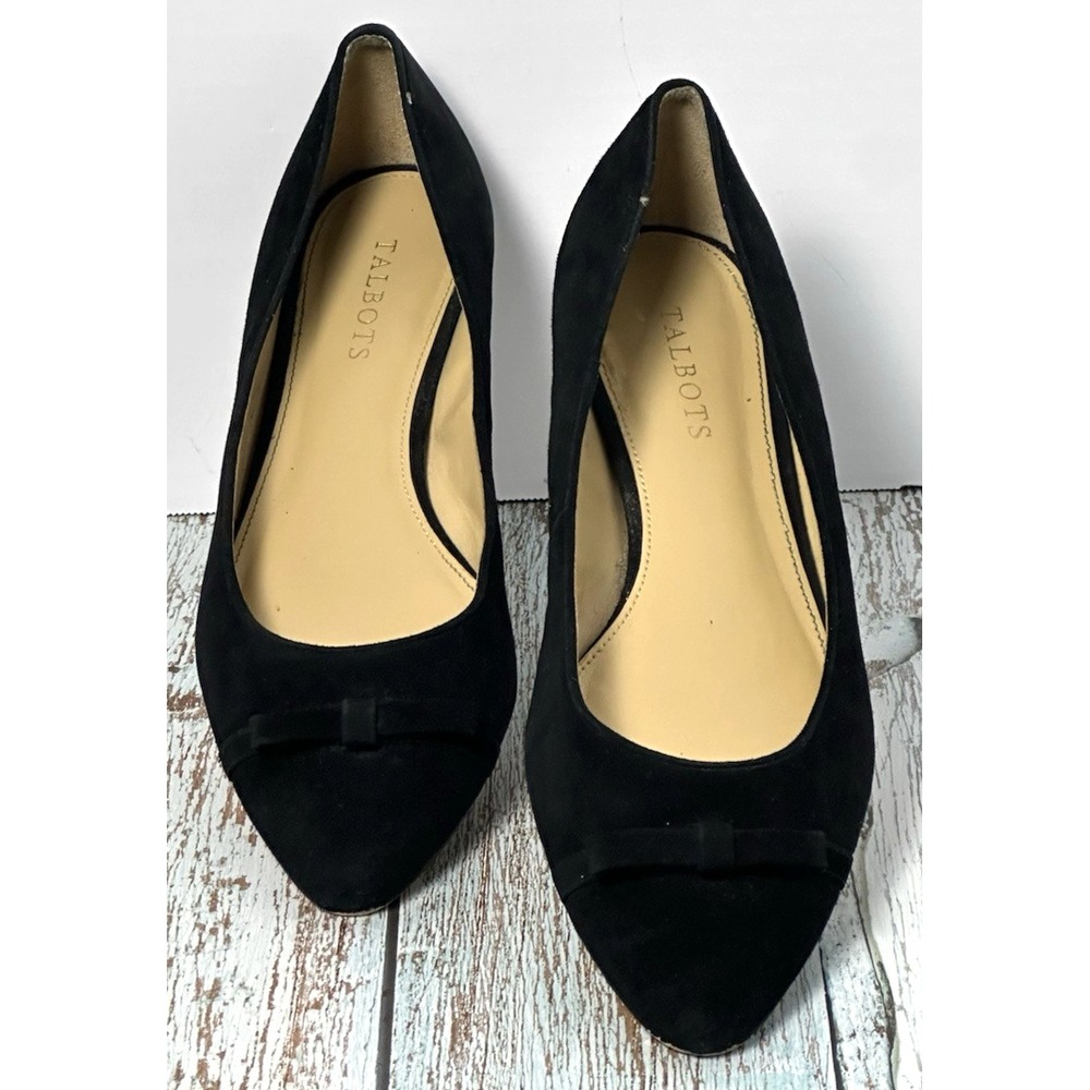 Talbots Edison Cap Toe Flats 9.5 M Black Suede Leather Bow Pointed Toe Shoes - Picture 4 of 16